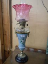 A good Victorian oil lamp with drop in font, complete. COLLECT ONLY.