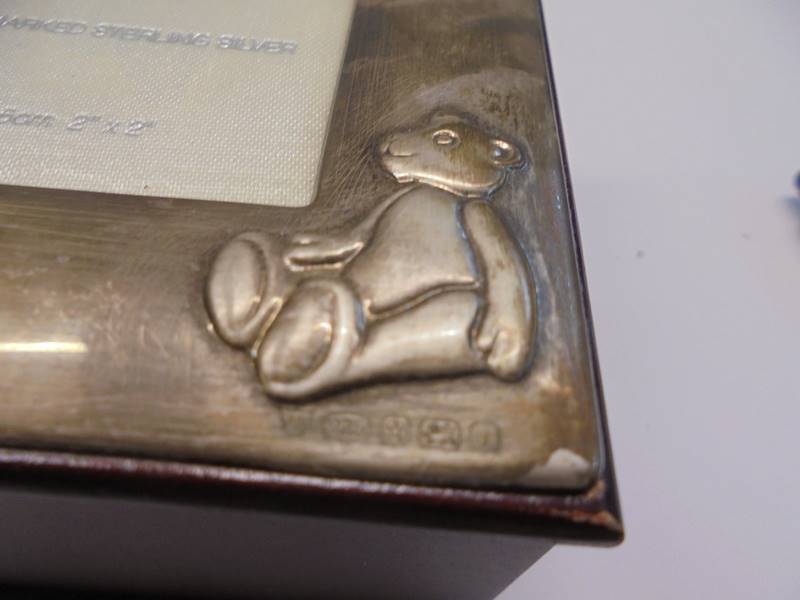 A wooden trinket box with hall marked silver top featuring a teddy bear. - Image 3 of 3