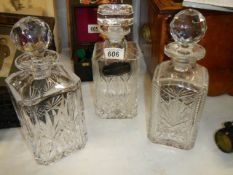Three good cut glass decanters. COLLECT ONLY.