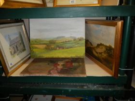 Two oils on canvas, an oil on board and a framed & glazed watercolour rural scenes, COLLECT ONLY.