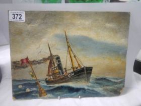 An early signed painting on board featuring a fishing boat.
