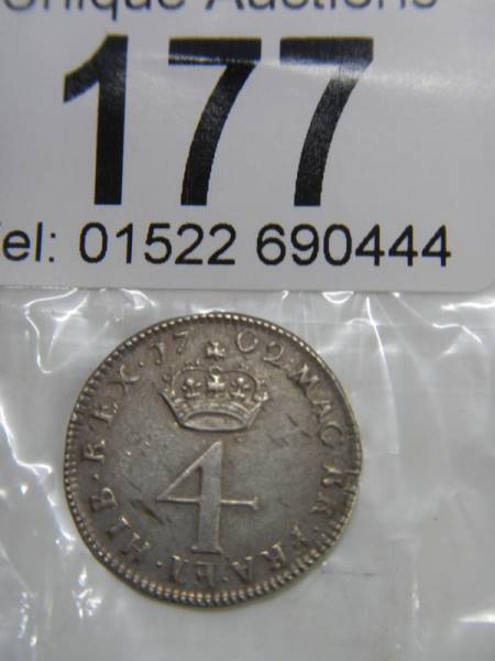 A 1702 Maundy four pence coin. - Image 2 of 2
