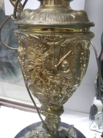 A tall spelter ewer with cherub handles converted in to a lamp, COLLECT ONLY. - Image 2 of 4