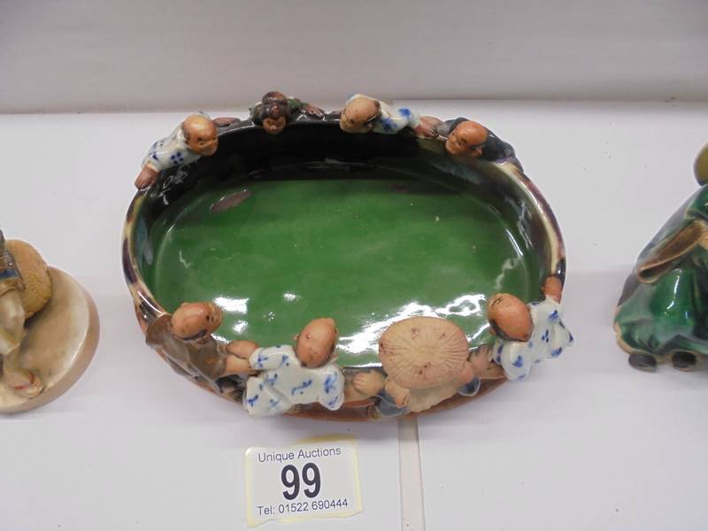 A Japanese hand formed clay bowl with figures and two other figures (one a/f). - Image 2 of 5