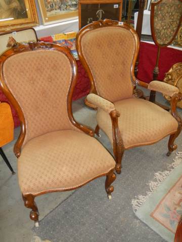 A pair of mahogany framed ladies and gentleman's chairs, COLLECT ONLY.