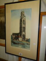 A framed and glazed engraving of St. Botholomews Church, Boston, COLLECT ONLY.