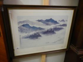 A framed and glazed fishing boat study - No. 1639, Mystical Mountains by Linchia Li. COLLECT ONLY.