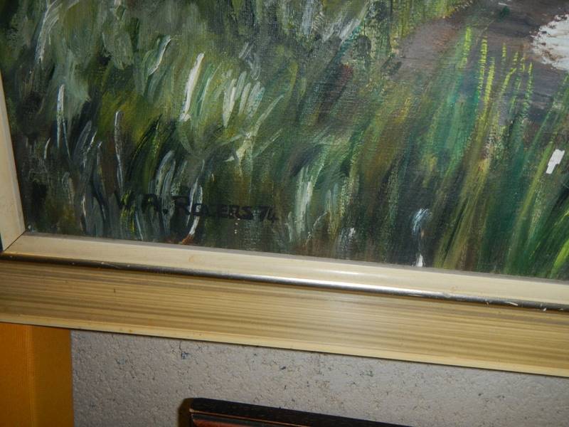 An oil on canvas rural scene with bridge, signed W A Rogers '74. COLLECT ONLY. - Image 2 of 2