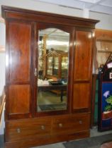 A mahogany inlaid wardrobe with central mirrored door and two drawers, COLLECT ONLY.