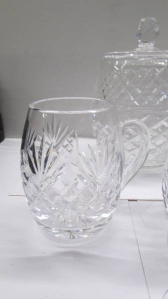 A cut glass biscuit/cookie jar, jug and 3 half pint tankards., COLLECT ONLY. - Image 2 of 4