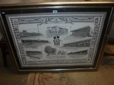 A framed and glazed original line drawing picture of scenes from Notts County football club