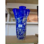 A tall overlaid cobalt blue art glass vase, height 35 cm.