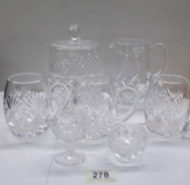 A cut glass biscuit/cookie jar, jug and 3 half pint tankards., COLLECT ONLY.