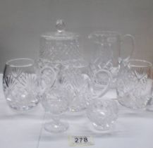 A cut glass biscuit/cookie jar, jug and 3 half pint tankards., COLLECT ONLY.