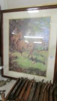 A framed and glazed picture depicting horse riders and deer. COLLECT ONLY.