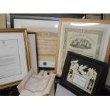 A good lot of old certificates and other documents including framed examples, COLLECT ONLY.