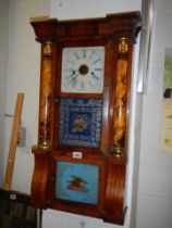 An old American wall clock, missing weights. COLLECT ONLY.