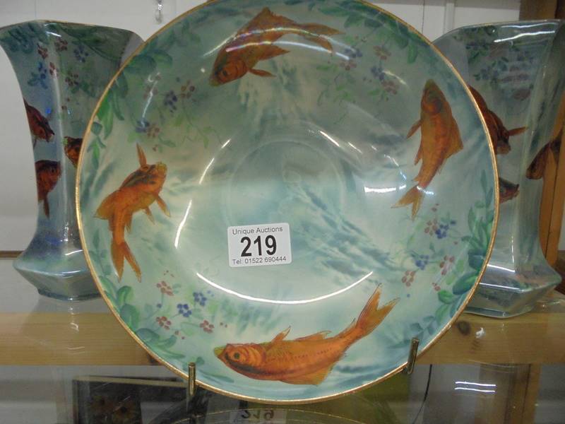 An unusual Burleigh ware bowl decorated with fish and a pair of matching vases. - Image 3 of 4
