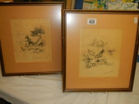 Two framed and glazed pencil drawings, 'Otter Hunting' and 'The Black Bitch', COLLECT ONLY.