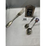 A Silver H/M picture frame 7.5 x 5cm, A silver fork & 2 silver teaspoons