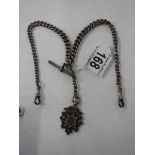 A hall marked silver watch chain with silver fob.