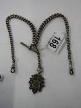 A hall marked silver watch chain with silver fob.