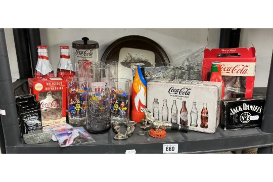 A good selection of Coca Cola branded items including bottle opener, bottles (2 sealed) tin, glasses - Image 1 of 10