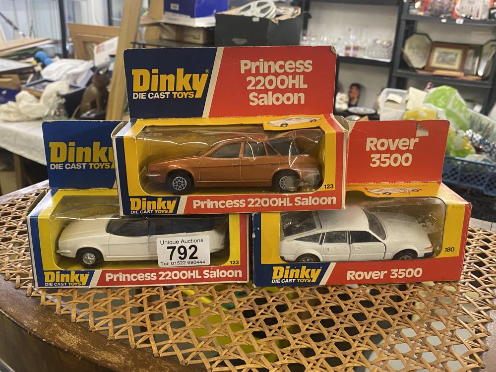 3 1970s boxed Dinky cars. 2 x 123 Princess & 1 x 180 Rover SD1