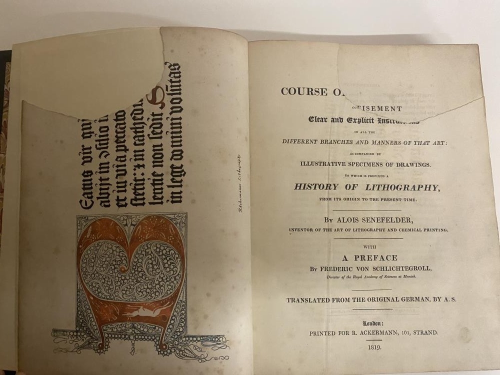 History of Lithography by Alois Senefelder, 1819, lovely bound copy but tear to one page and - Image 4 of 8