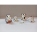 3 Royal Crown Derby gerbils & a pig all with gold stoppers