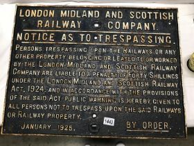 A London Midland and Scottish railway company notice to tresspassing railway sign, jan 1925
