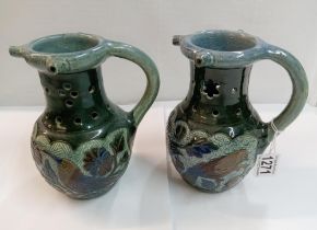 2 Lauder Barum pottery bird decorated puzzle jugs. Height 18cm