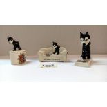 3 crested china Felix the Cat, cat on settee has been repaired