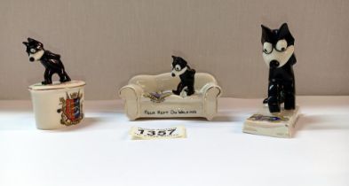 3 crested china Felix the Cat, cat on settee has been repaired