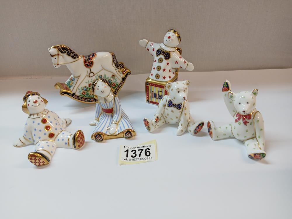 2 Royal Crown Derby Teddies, Rag Doll, clown, rocking horse & Jack in the box