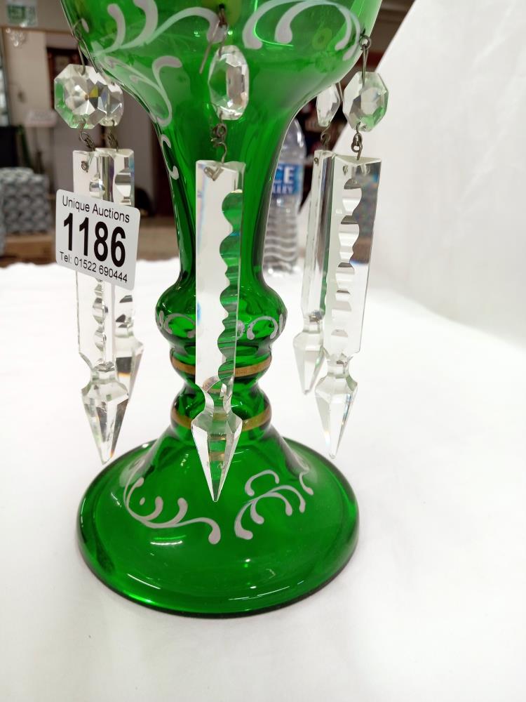 A Victorian green glass Mary Gregory style lustre, no damage to lustre, 1 glass dropper A/F. - Image 3 of 3