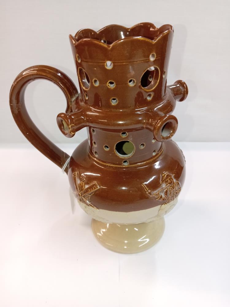 A stoneware pottery puzzle jug. Height 19cm. A/F - Image 3 of 10