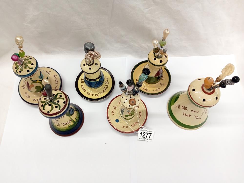 6 Devon pottery Torquay ware hat pin stands - Image 2 of 4