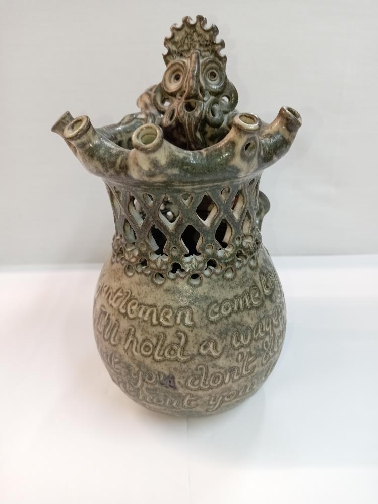 A Studio pottery puzzle jug with dragon handle. Height 22cm - Image 2 of 7