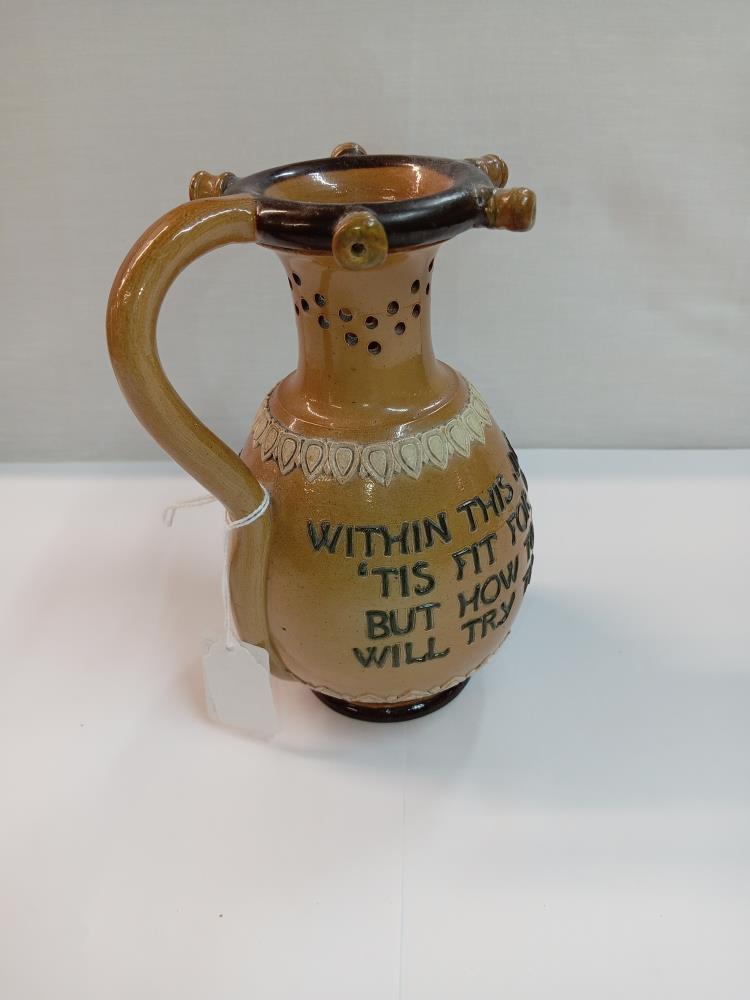 A Doulton Lambeth stoneware puzzle jug. Height 17cm. A/F - Image 4 of 8