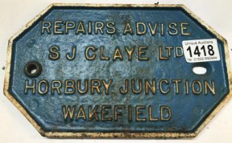 A Cast iron repairs advice S J Claye Ltd Horbury junction Wakefield railway sign.