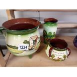 2 Torquay ware pictorial cauldron planters & a vase