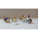 3 Royal Crown Derby birds & a duck, birds all have gold stoppers & duck has a silver stopper