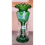 A Victorian green glass Mary Gregory style lustre, no damage to lustre, 1 glass dropper A/F.