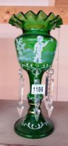 A Victorian green glass Mary Gregory style lustre, no damage to lustre, 1 glass dropper A/F.