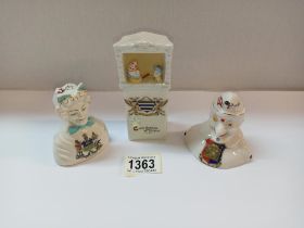 A crested ware Punch & Judy busts & puppet tent