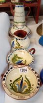 A Torquay pottery butter dish, Coffee pot & other dishes / vases