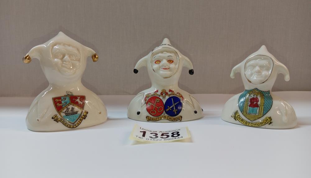 3 crested china busts of a Jester