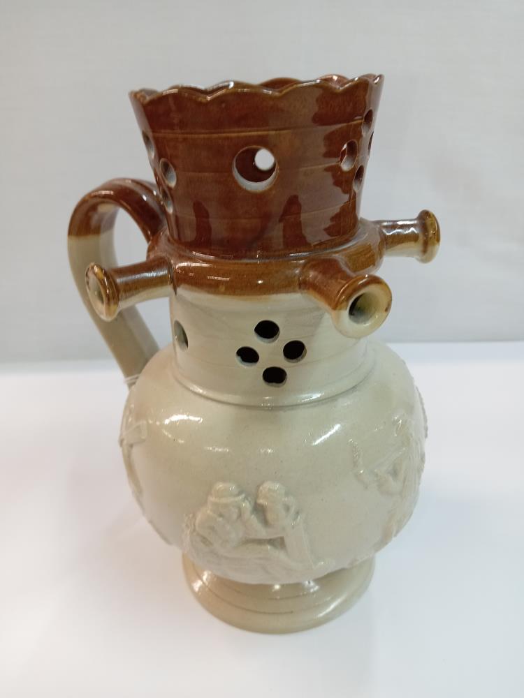 A stoneware pottery puzzle jug. Height 19cm. A/F - Image 3 of 6