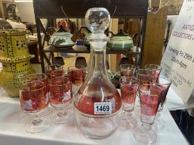 A venetian style decanter and 2 sets of 6 glasses